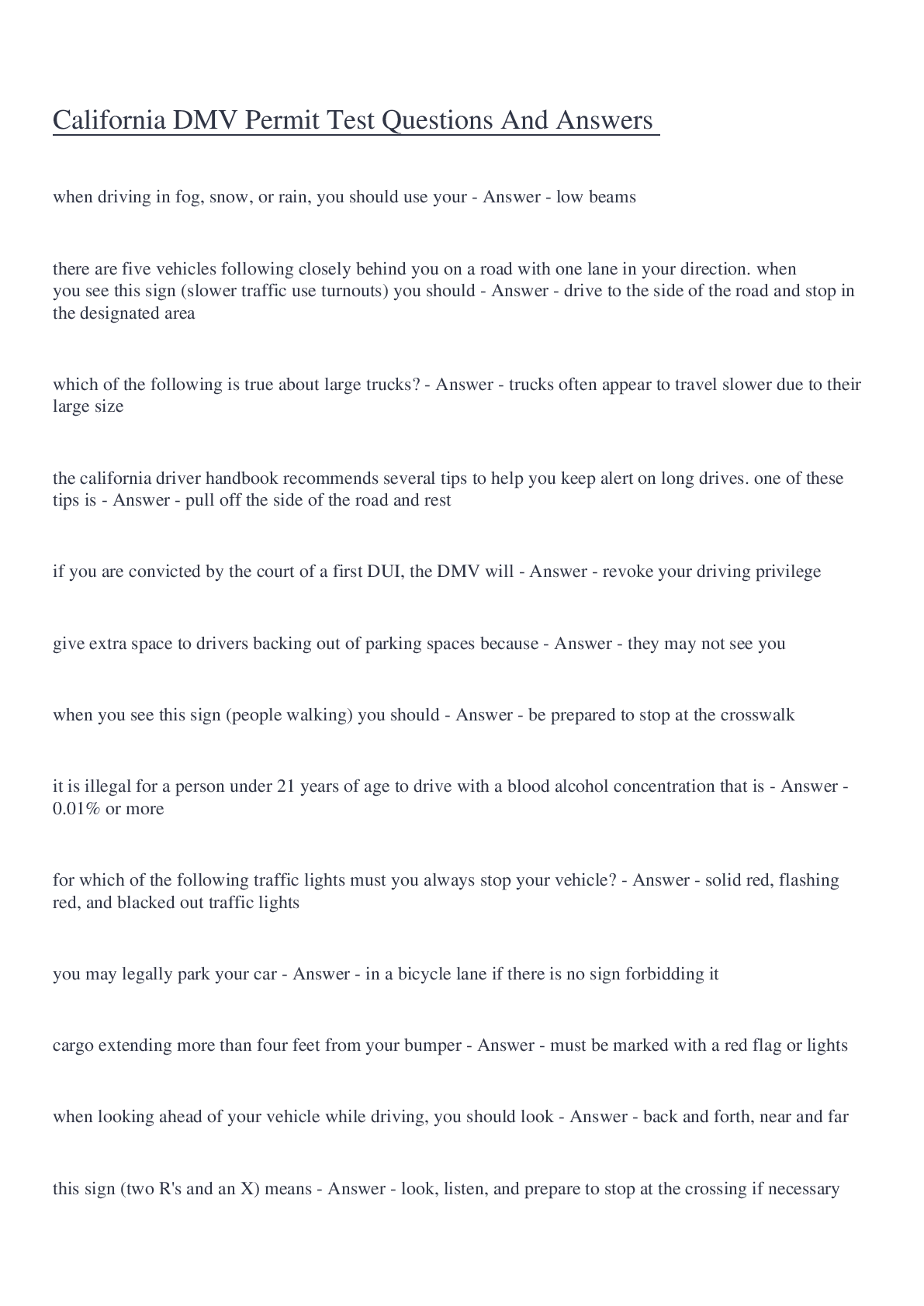 Preview image for California DMV Permit Test Questions And Answers